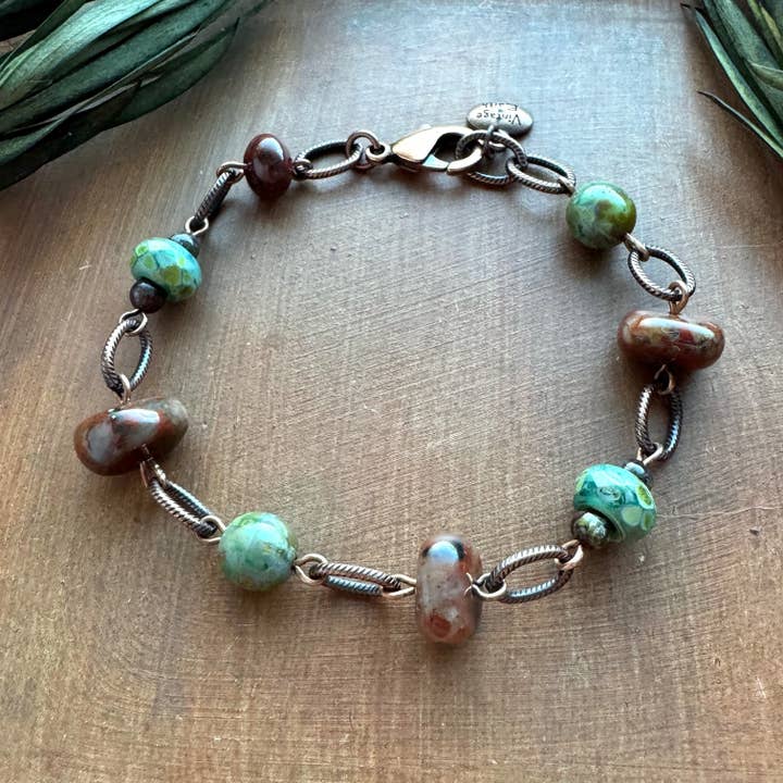 Poppy Jasper Bracelet, Gemstone Bead, Turquoise Glass Copper for wholesale by Vintage Earth