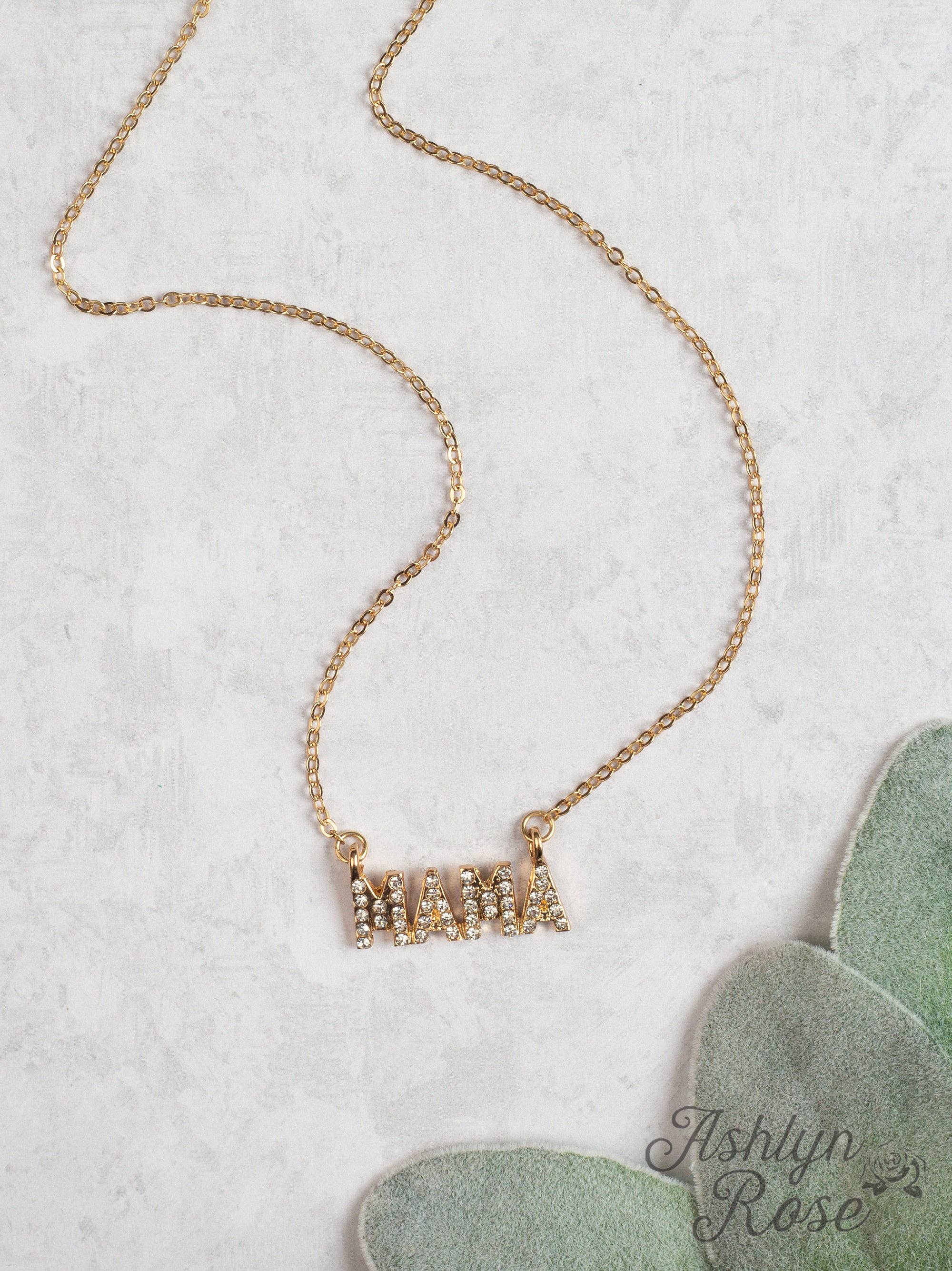 Icy MAMA Gold Chain Necklace With Gold Jeweled MAMA Pendant for wholesale on Faire0