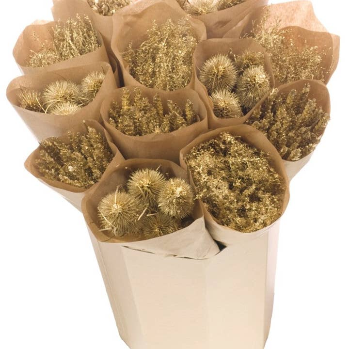 Dried Flowers - Mono Designer Bucket - Festive Mix Gold for wholesale by Penny + Clover