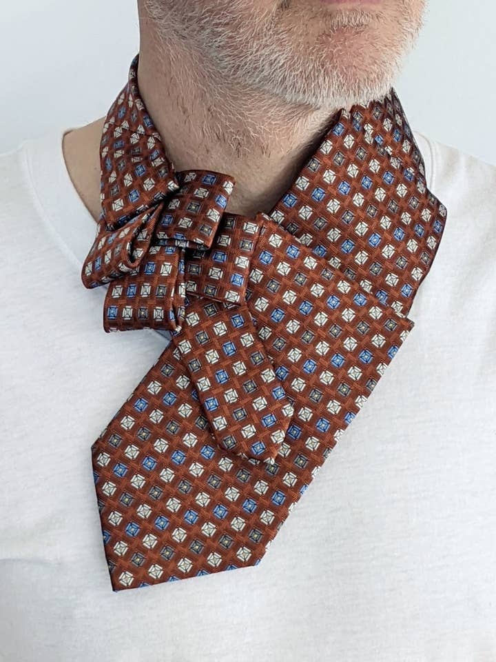 Men's Ascot Tie In Rust With Blue, Grey, White Foulard Print for wholesale by Ogsplosh