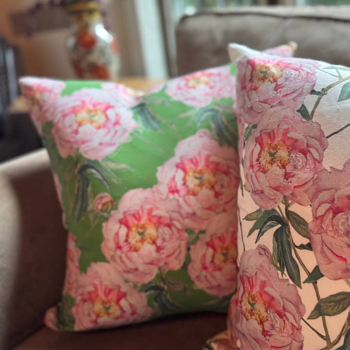 Throw Pillow - Light Pink Peony Repeat on Linen Cotton for wholesale by Goose and Willow