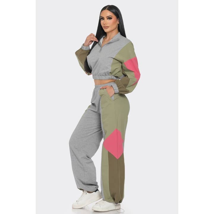Esmeray Clothing - Wholesale Lounge Set - Women's - 80s Inspired Color Block Zip-Up Sweatsuit Set
