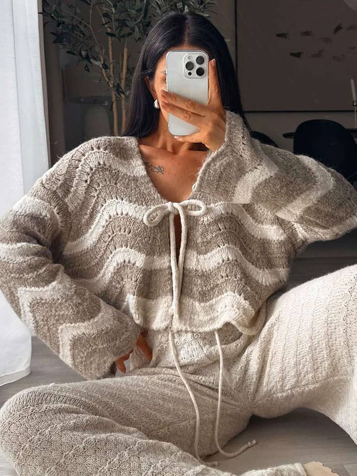 Kaya Tie-Front Knit Cardigan-Stone for wholesale by Catwalk Wholesale