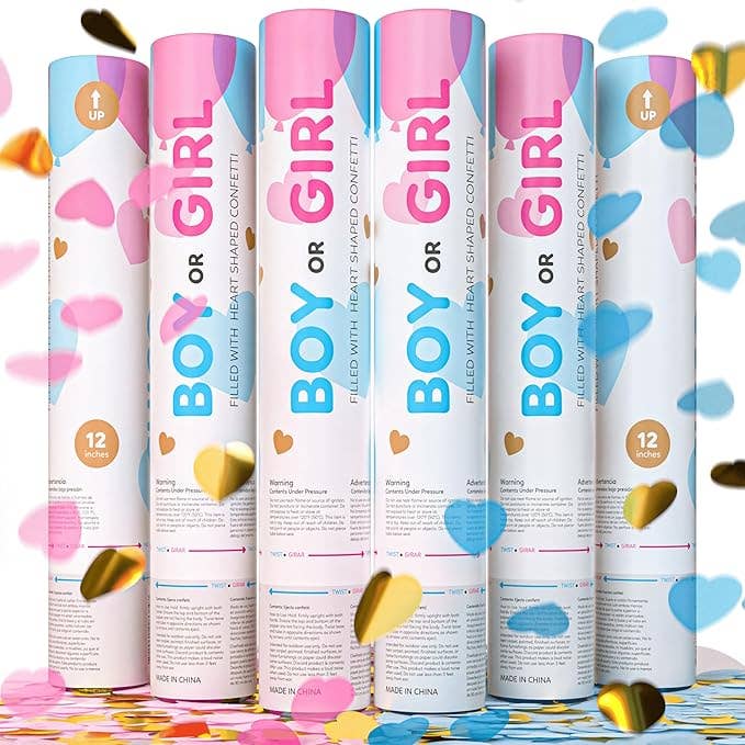 Gender Reveal Gold Heart Shaped Confetti Cannons for wholesale by TUR Party Supplies