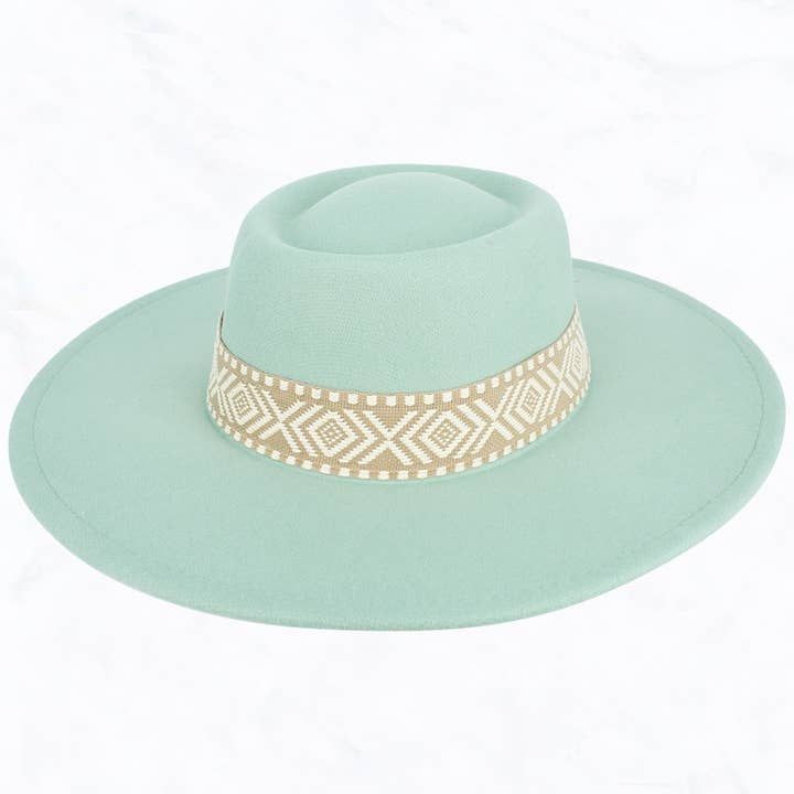 Suzie Q USA - Wholesale Fedora - Women's - Big Brim Concave Top Aztec Pattern Belt Jazz Hat