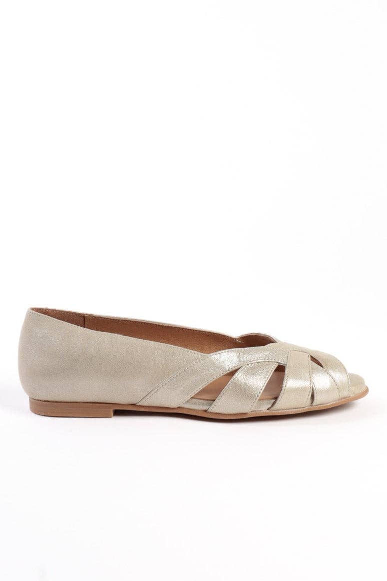 KMB Shoes - Wholesale Flats - Women's - AMELIA GOLD - Peep-Toe Ballet Flats with Crossover Straps2