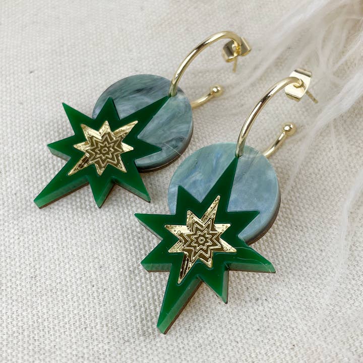 Star Deco Hoop Earrings: Mint Green Marble & Gold for wholesale by Rosa Pietsch