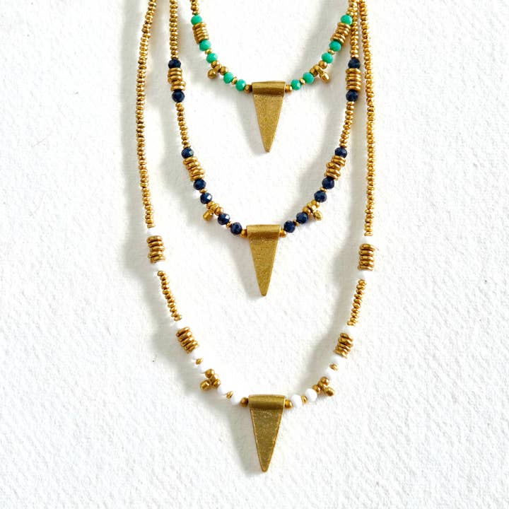 Handmade micro brass beaded necklace arrow head triangle for wholesale by Bisjoux