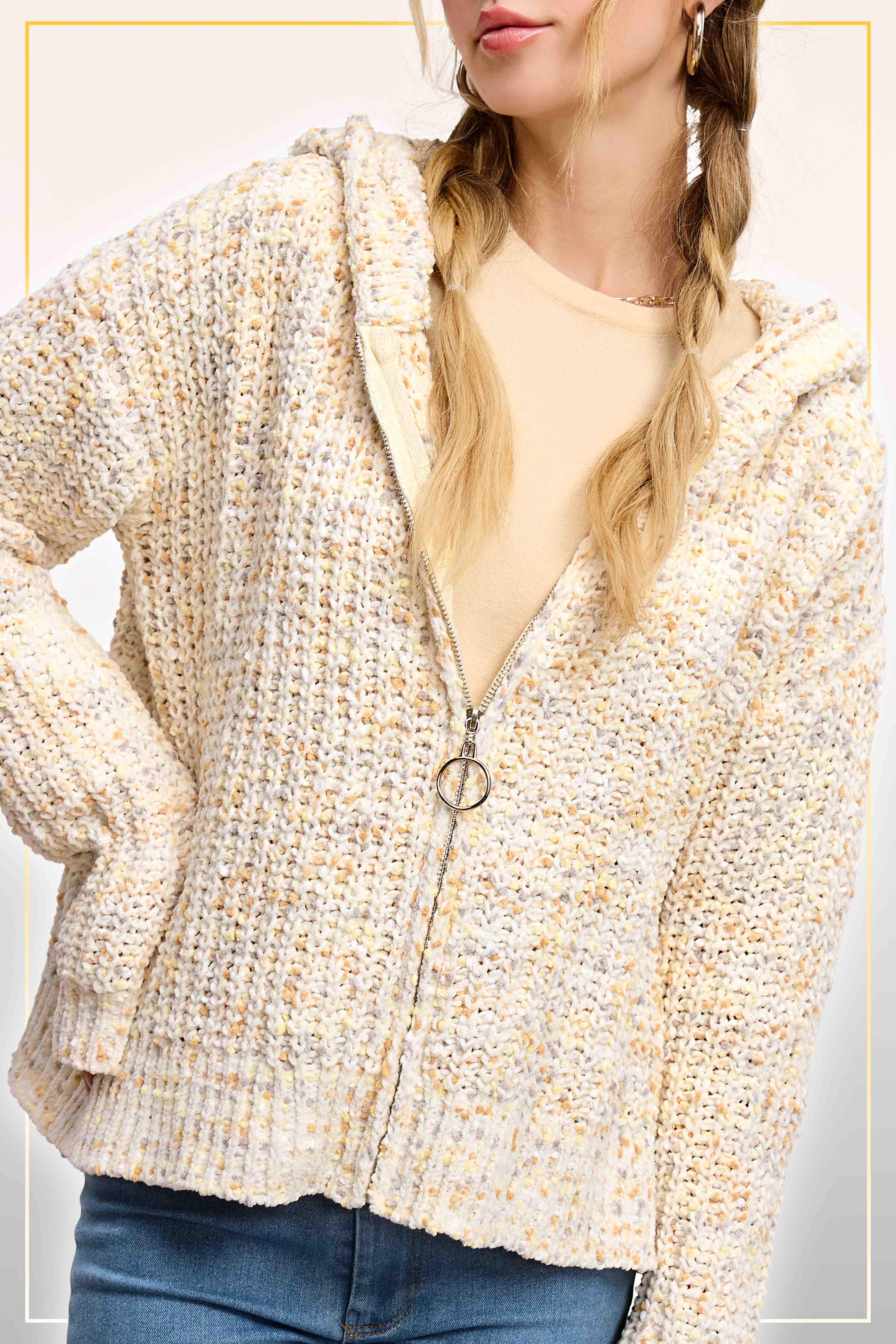 La Miel - Wholesale Hoodie - Women's - JCS3569-Multi Color Confetti Zip-Up Hoodie Sweater6