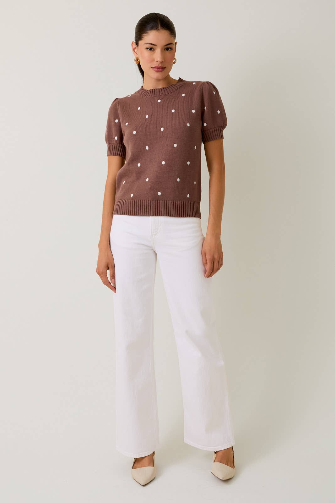 Sunday Edition - Wholesale Knit Sweater - Women's - ROUND NECK PUFF SHORT SLEEVE "POLKA DOT" EMBROIDERED SWEATER40