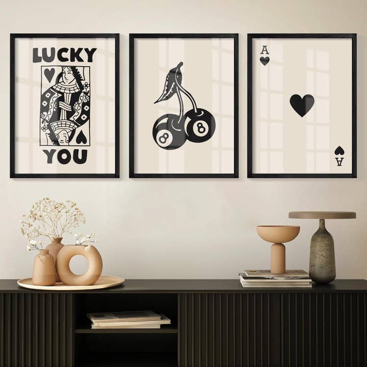 Black Framed Set of 3 Poker Wall Art Lucky You Poster, Trendy Retro Print Wall Decor for Queen of Hearts Wall Art Rustic Vintage Farmhouse Home Wall Decor(Black 12"X16") for wholesale on Faire