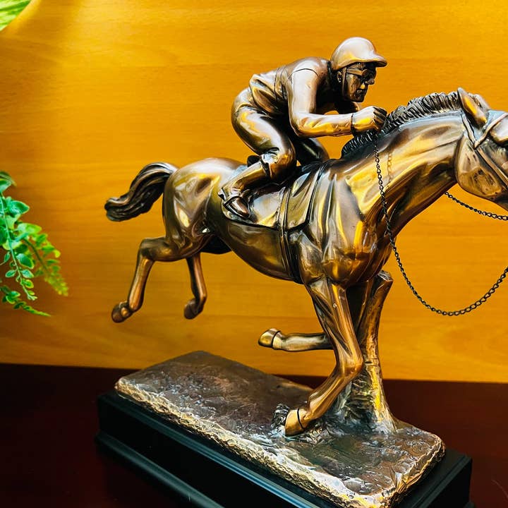 Copper Finish Jockey on Horse Sculpture on Base,11.5"Hx9.5"W for wholesale by KSR Designs