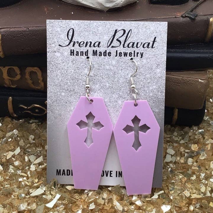 Coffin Violet Lavender Pastel Goth Earrings for wholesale by Irena Blavat Designs
