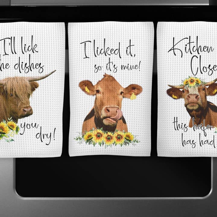Cow With Sunflowers Waffle Weave Kitchen Towel for wholesale by Regina Lynn Design Home Edition