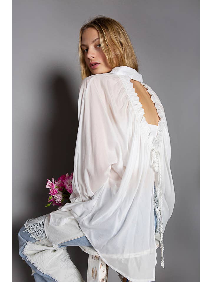 Pol Clothing - Wholesale Button Down Shirt - Women's - Open back batwing long sleeve sheer button down shirt SALE
