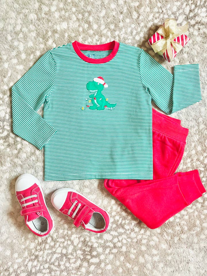 Boys Deck the Dino Appliqué Shirt for wholesale by Lil Kids Clothing