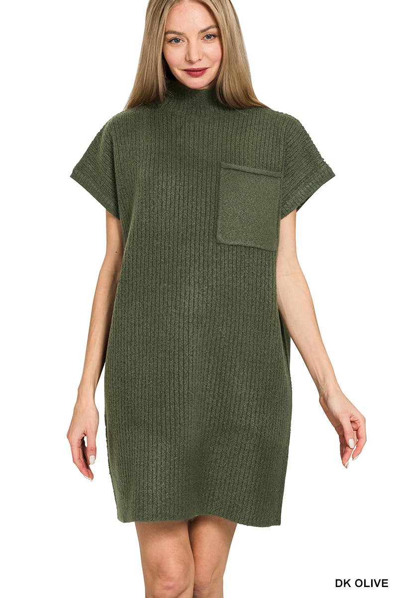 42POPS - Wholesale Dress - Women's - ..SI-26560 Mock Neck Short Sleeve Sweater Dress With Pocket21