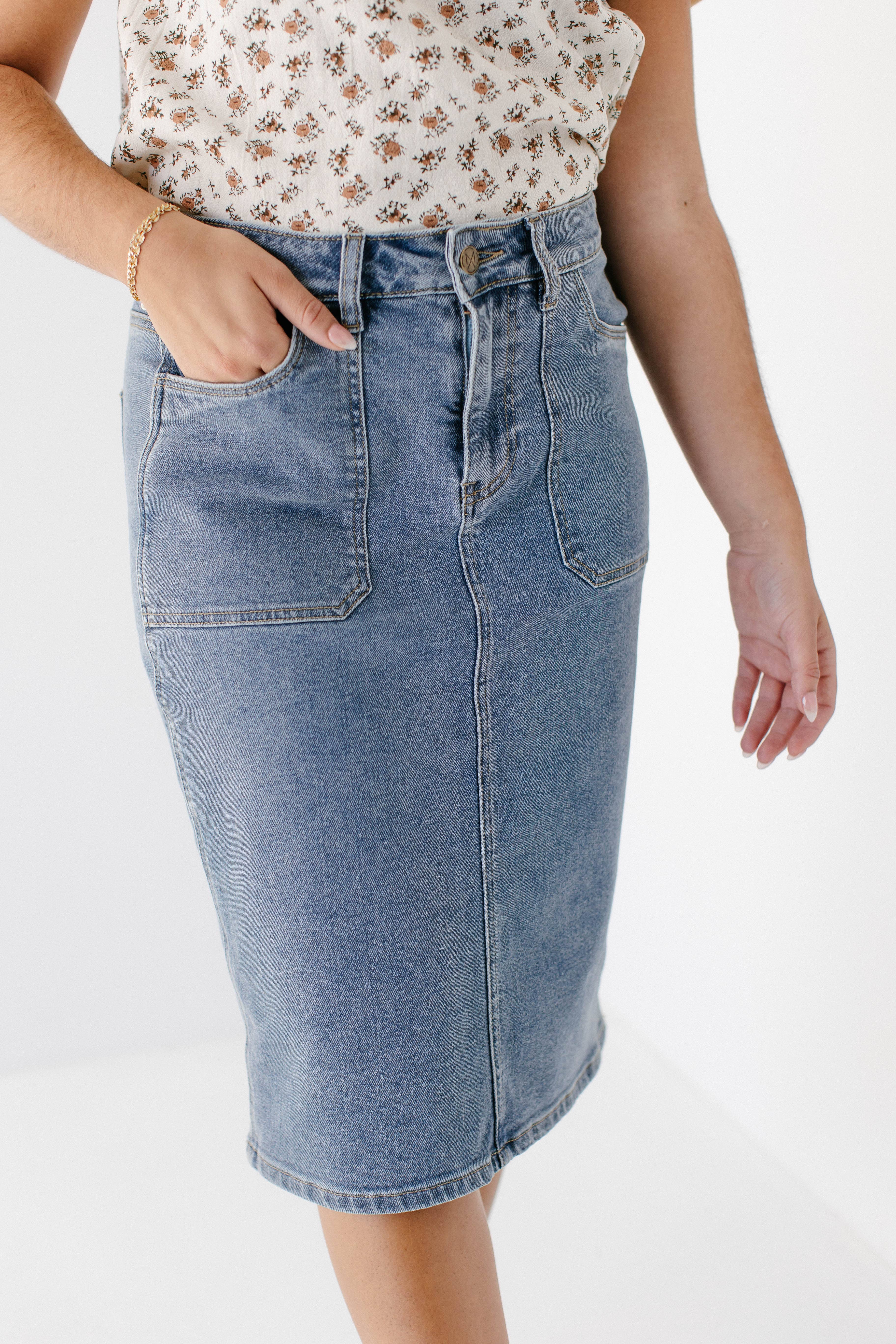 Vintage-Waschung 'Sonya' Jeansrock mit aufgesetzten Taschen und Stretch für den Großhandel auf Faire12