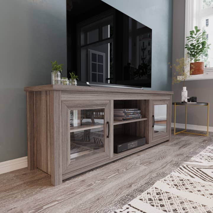 65" Gray Wash Oak TV Stand - Glass Fronted Doors for wholesale by Flash Furniture