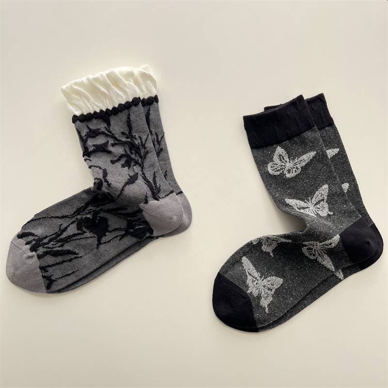 Tourtiwi – wholesale Socks – Women's – Artful Grey Crew Socks - Bird, Butterfly & Botanical Motifs4