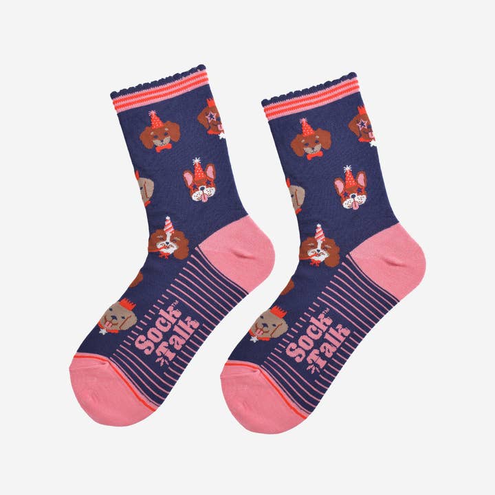 Sock Talk – wholesale Socks – Women's – Women's Bamboo Socks - Navy Blue/Pink, Party Dogs1