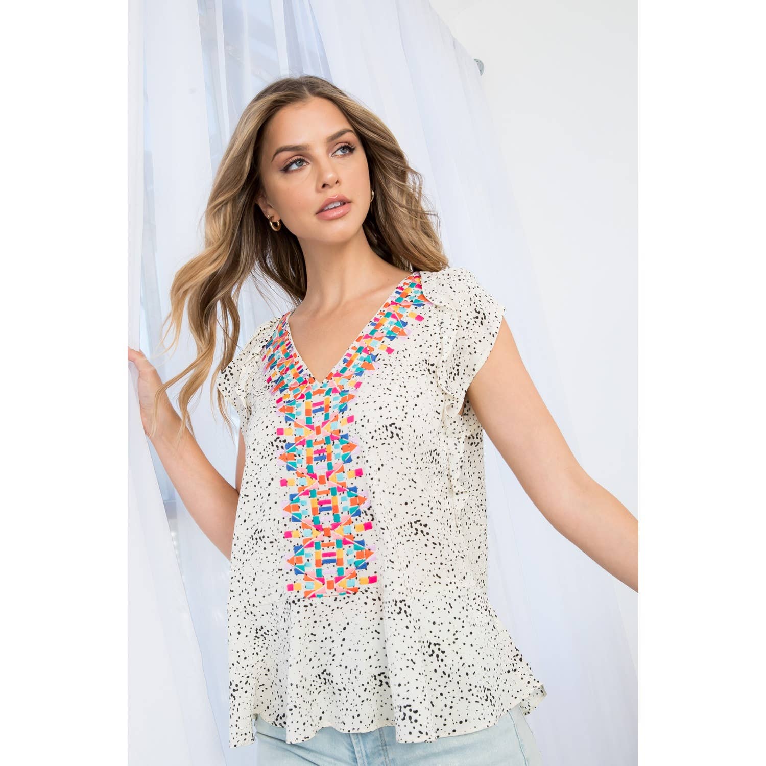 THML - Wholesale Blouse - Women's - Embroidered Flutter Sleeve Blouse17