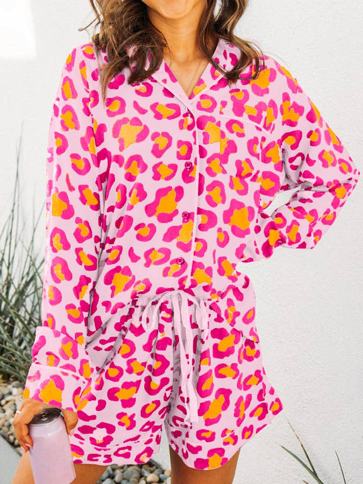 Rosa Set pigiama con camicia e pantaloncini leopardati in vendita all'ingrosso su Faire