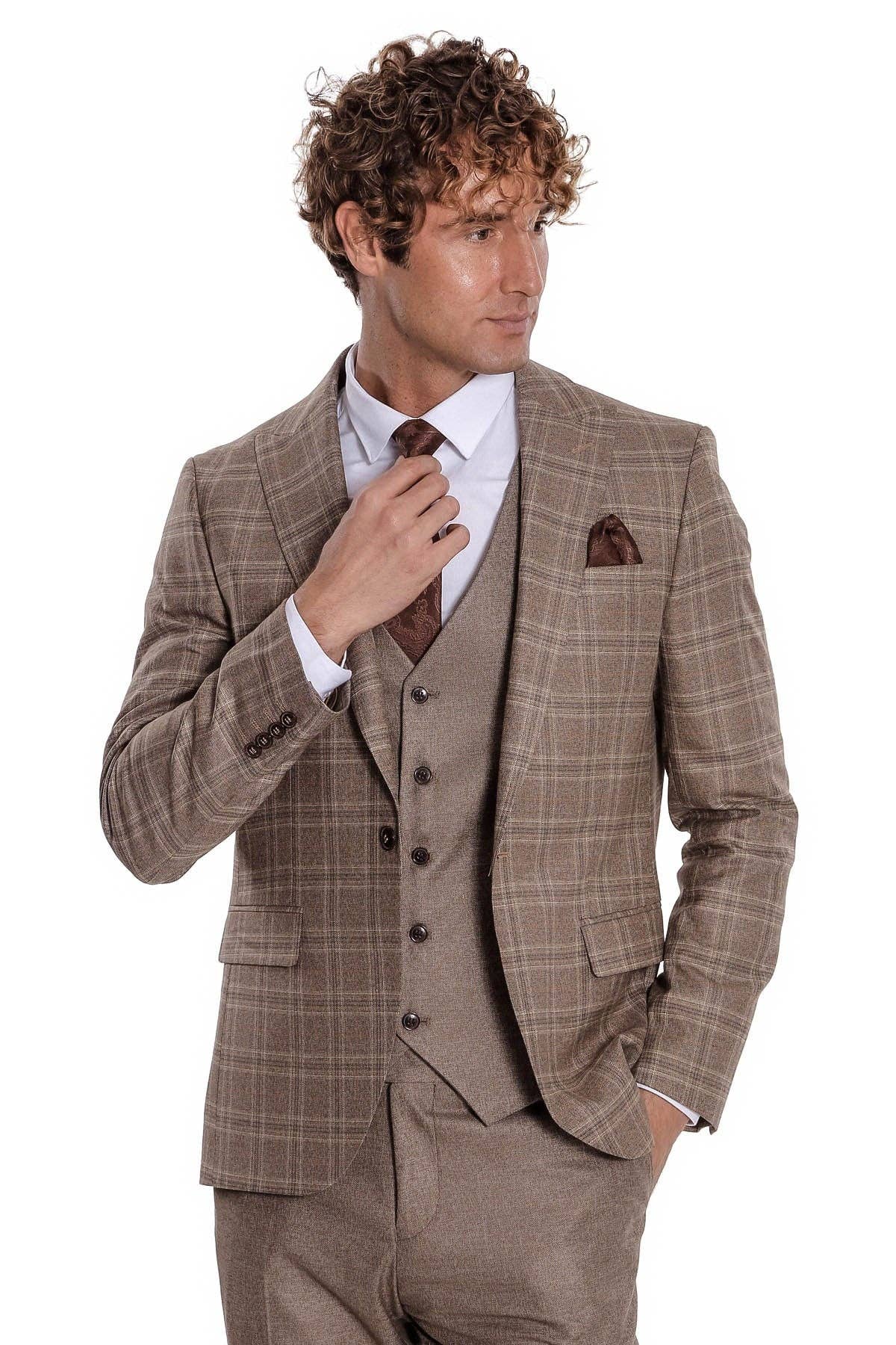 Checked Slim Fit Light Brown Men Suit - Peak Lapel for wholesale on Faire5