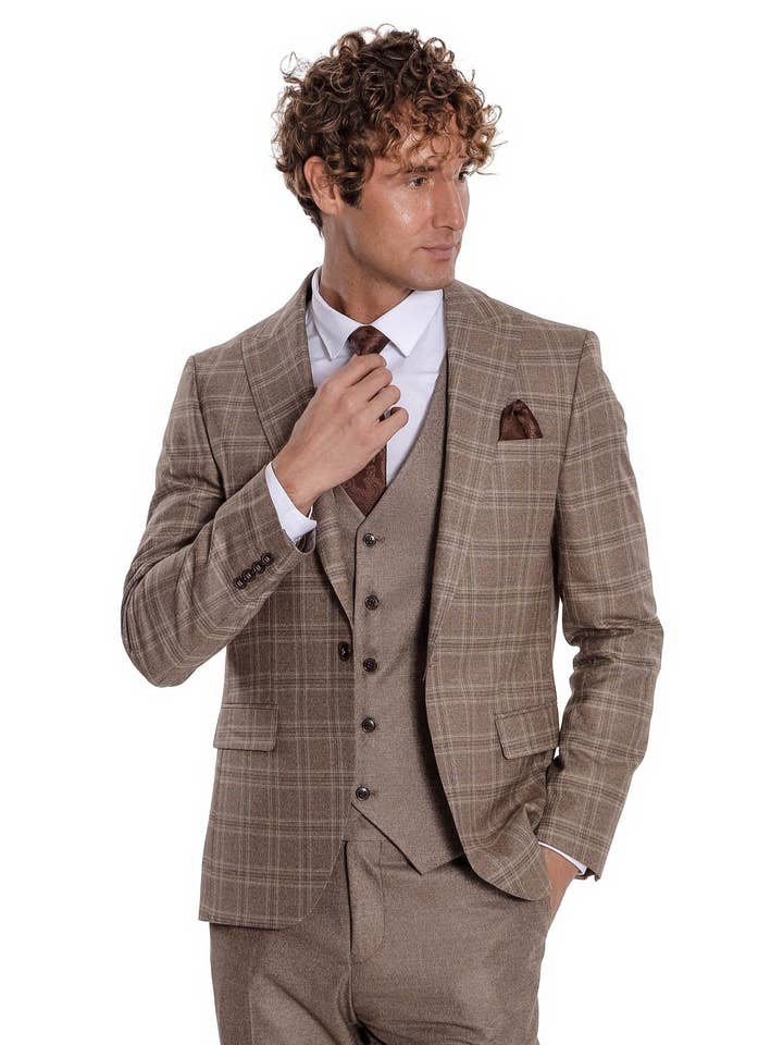 Brun Kontrolleret Slim Fit Lysebrun Herre Jakkesæt - Spids Revers for engroshandel på Faire5