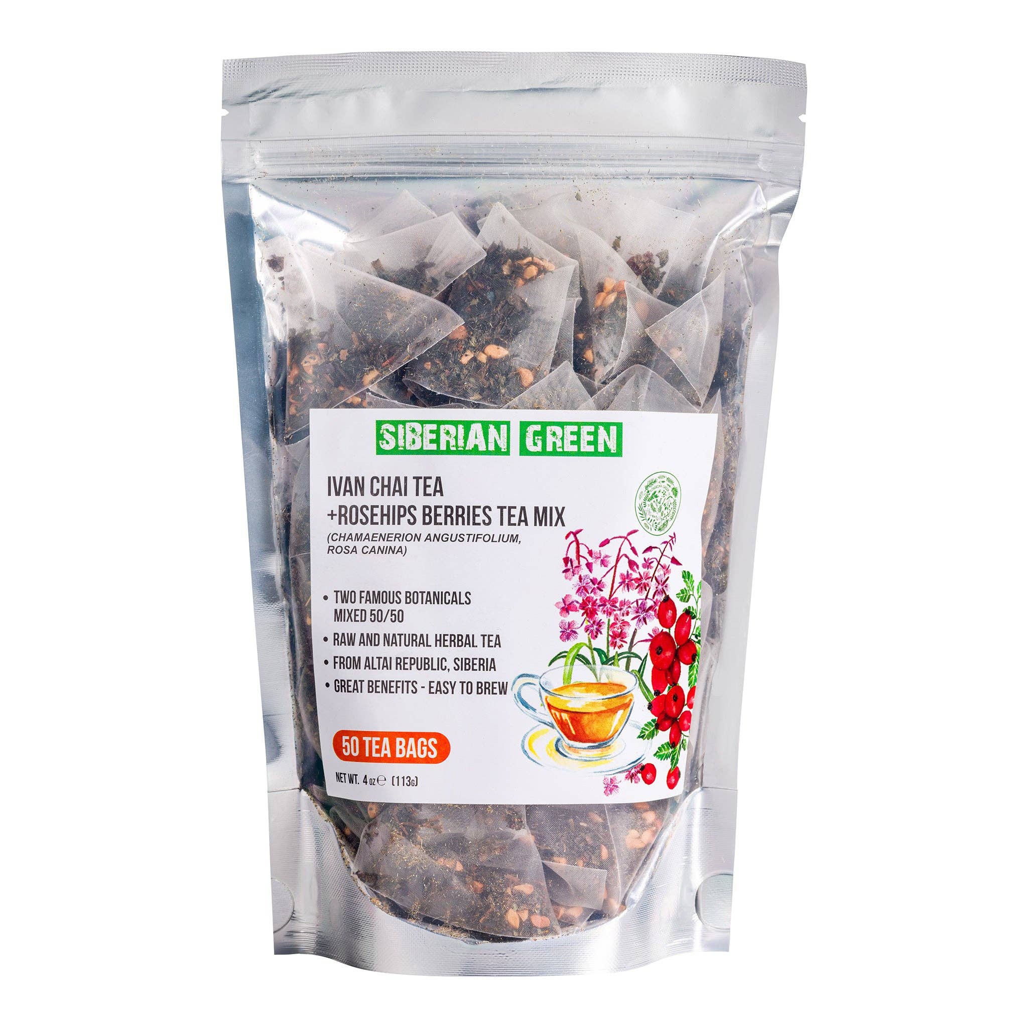 SiberianGreen - Vente Sachets de thé - 50 sachets de tisane de thé vert sibérien Ivan Chai avec baies d'églantier5