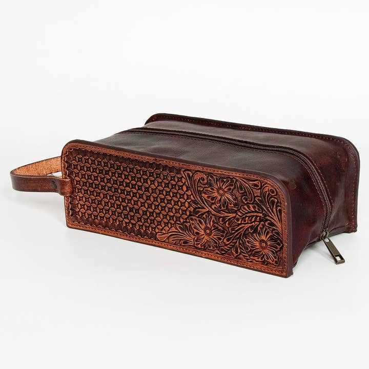 ADBGZ165 Hand Tooled Leather Toiletry Bag - Western Dopp Kit for Travel & Grooming for wholesale by LS Western