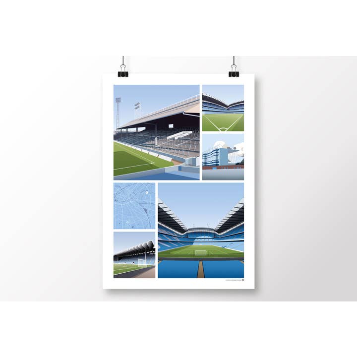 Manchester City Views Of Maine Road & Etihad Stadium Poster for wholesale by Matthew J I Wood Design & Illustration