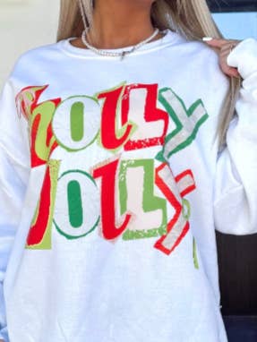 Holly Jolly Scrap Book Crewneck Sweater for wholesale by T's tanning & boutique