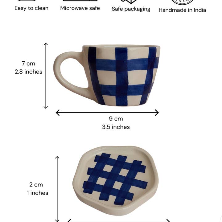 Casa Amarosa - Wholesale Coffee/Tea Cup - Gingham Check Cup and Saucer Set- Indigo