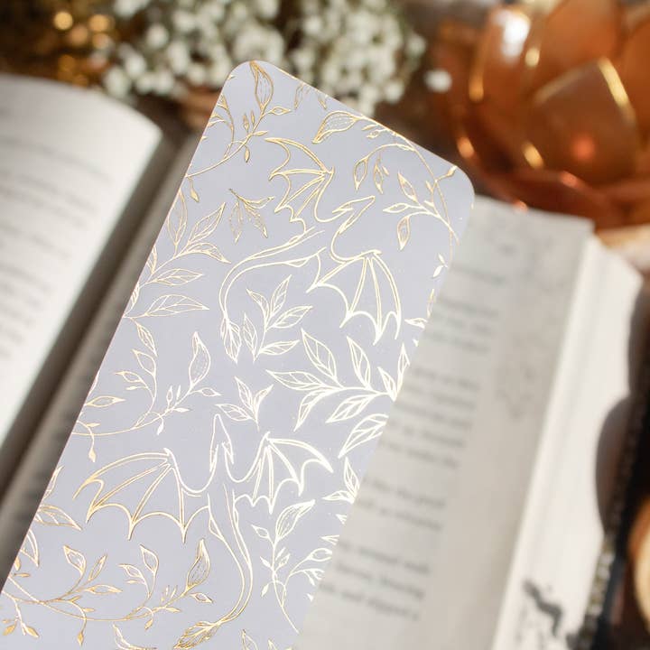Meaggie Moos - Wholesale Bookmark - Gold Foil and White Floral Dragons Bookmark | Soft Touch