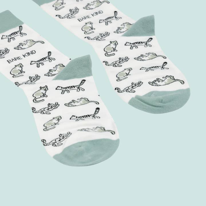 Bare Kind Socks - Wholesale Socks - Unisex - White & Green Cats Socks | Bamboo Socks | White Socks3