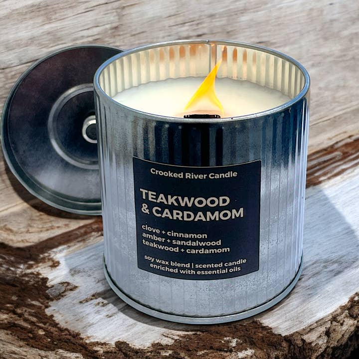 Crooked River Candle - Wholesale Jar/Filled Candle - Teakwood & Cardamom | Rustic Tin Candle with Lid | Wood Wick