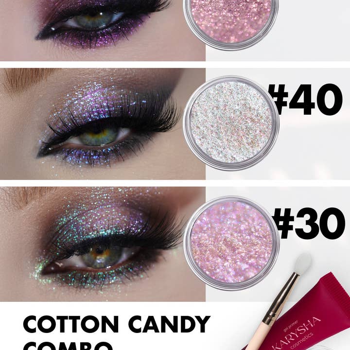 Combo de Fards à Paupières Pailletés Cotton Candy Teintes #17, #40, #30 & Base Gel Offerte pour la vente par KARYSHA Cosmetics
