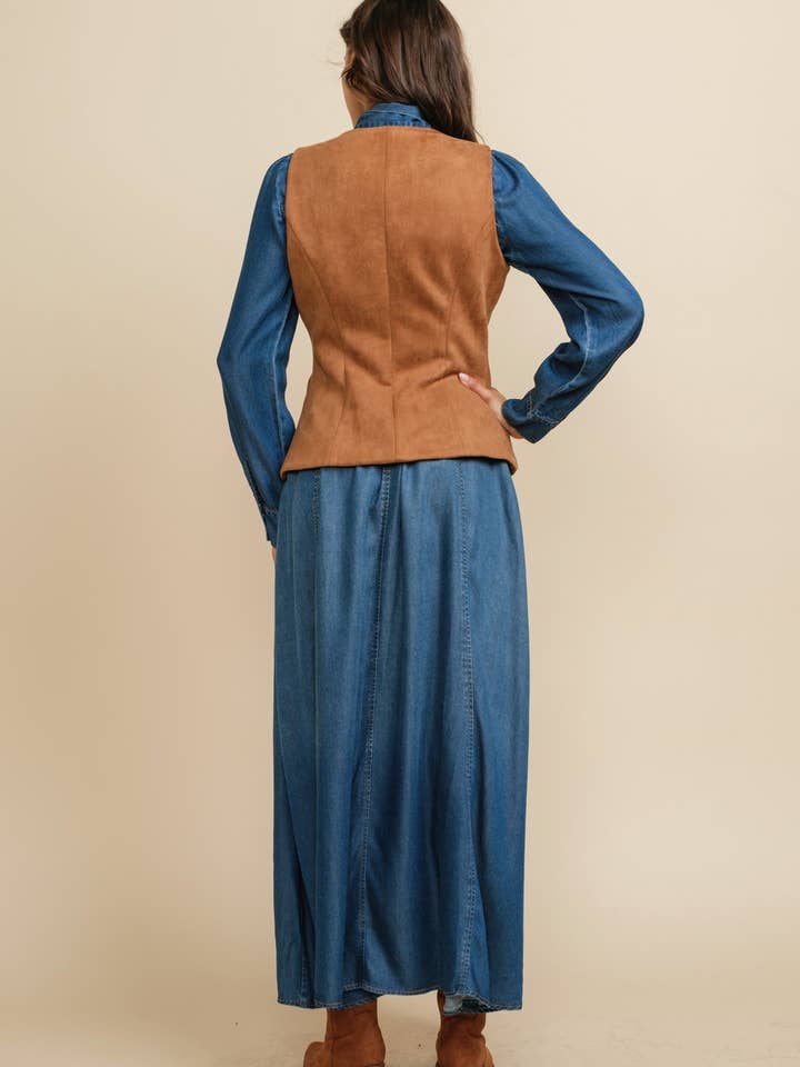 A & SHE - Wholesale Jacket - Women's - V-Neck Gold Button Down Suede Western Vest with Welt Pockets14