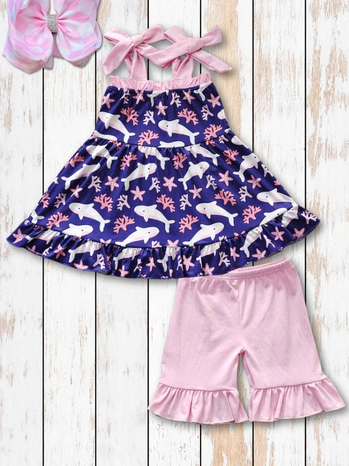 Shark printed tunic with ruffle shorts. GSSO101705- Jean for wholesale by Kids Charm Online