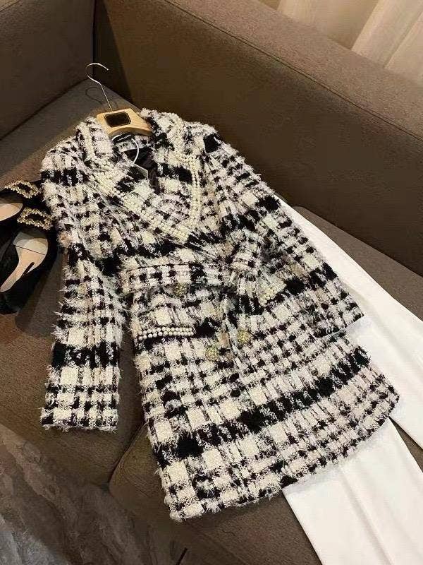 Multi Colored SY374 Handmade Beaded Belt Black & White Checkered Wool Coat for wholesale on Faire0