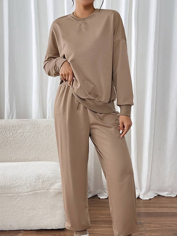 BROWN CWSTB1174_SOLID COLOR ROUND NECK CASUAL SWEATSHIRT SUIT for wholesale on Faire