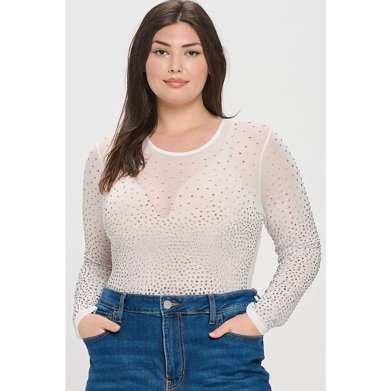 Curve Market - Wholesale Bodysuit - Women's - PLUS SIZE RHINESTONE STUDDED MESH BODYSUIT6