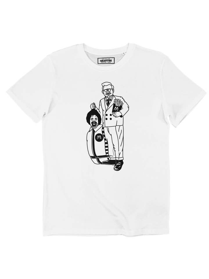 White Fast Food War T-shirt - Mal-Bouffe T-shirt for wholesale on Faire