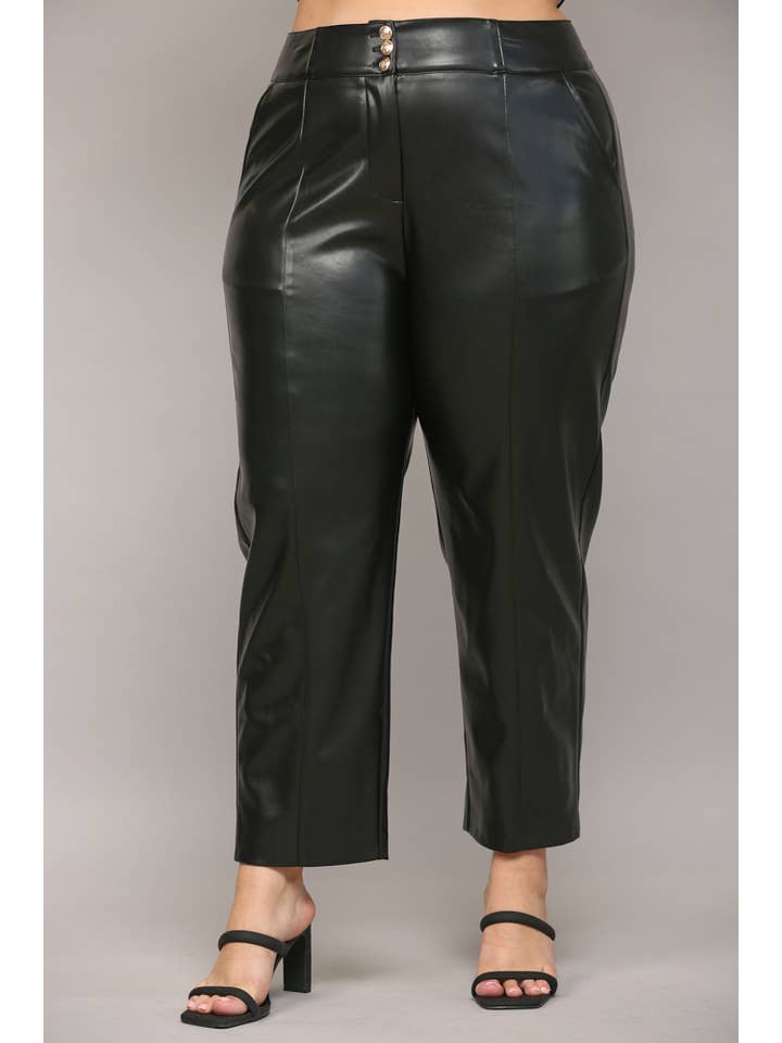 BLACK FAUX LEATHER BANDING PANTS WITH 3 METAL BUTTONS FP61021P for wholesale on Faire1