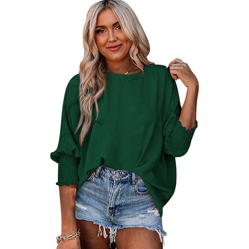 Suhkasana - Wholesale Knit Top - Women's - Loose Crew Neck Solid Color Wrap Top5