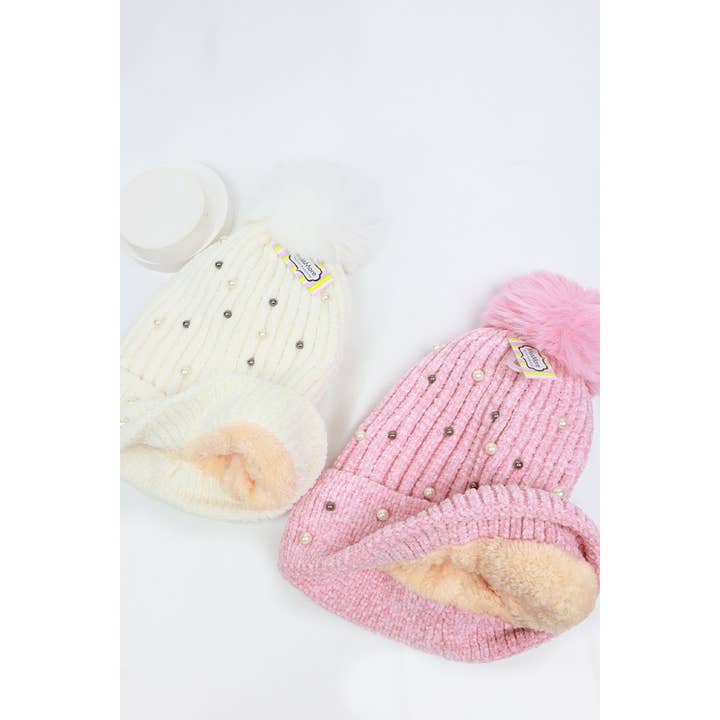 MIX COLOR Fur Lined Pom and Pearl Beanies for wholesale on Faire