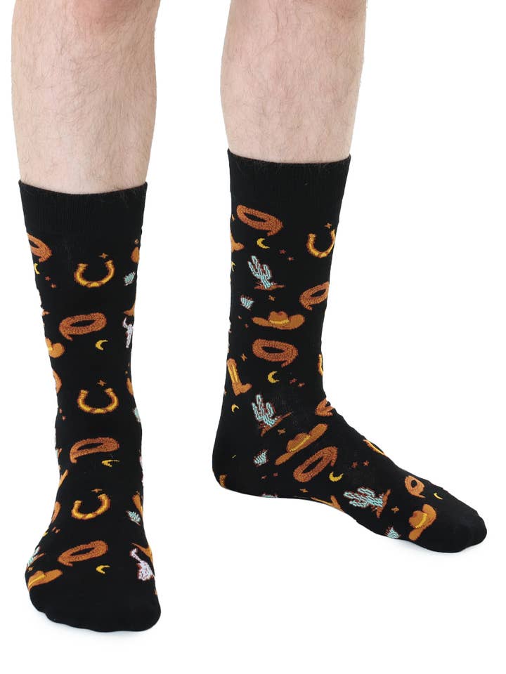 Men's Bamboo Crew Socks - Western Cowboy - Black & Brown for wholesale by Living Royal