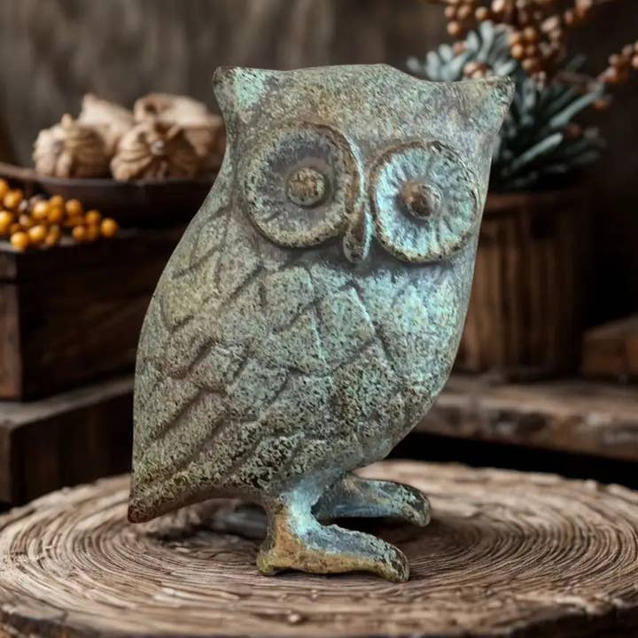 Cast Iron Owl in Antique Green, Blue Rustic Finish for wholesale by Mothology Home