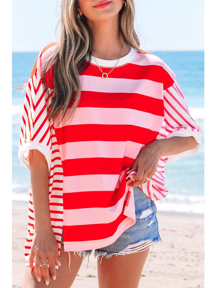 Pink LDC Patchwork Round Neck Side Split Loose T Shirt for wholesale on Faire